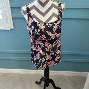 Lands End Woman’s Tankini Top Floral Blue Square Neck  SZ  14 Soft Cup Bra